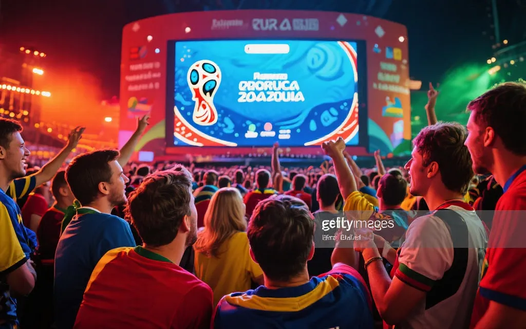 球迷在大屏幕前聚集,期待世界杯比赛