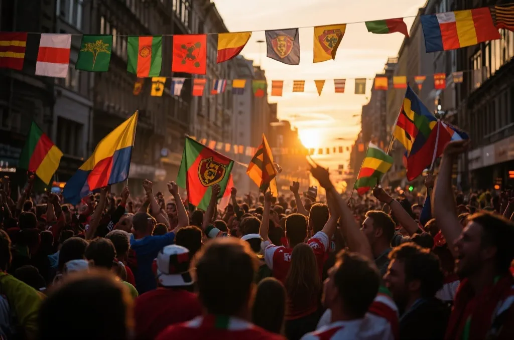球迷在城市街头庆祝,彩旗与欢呼
