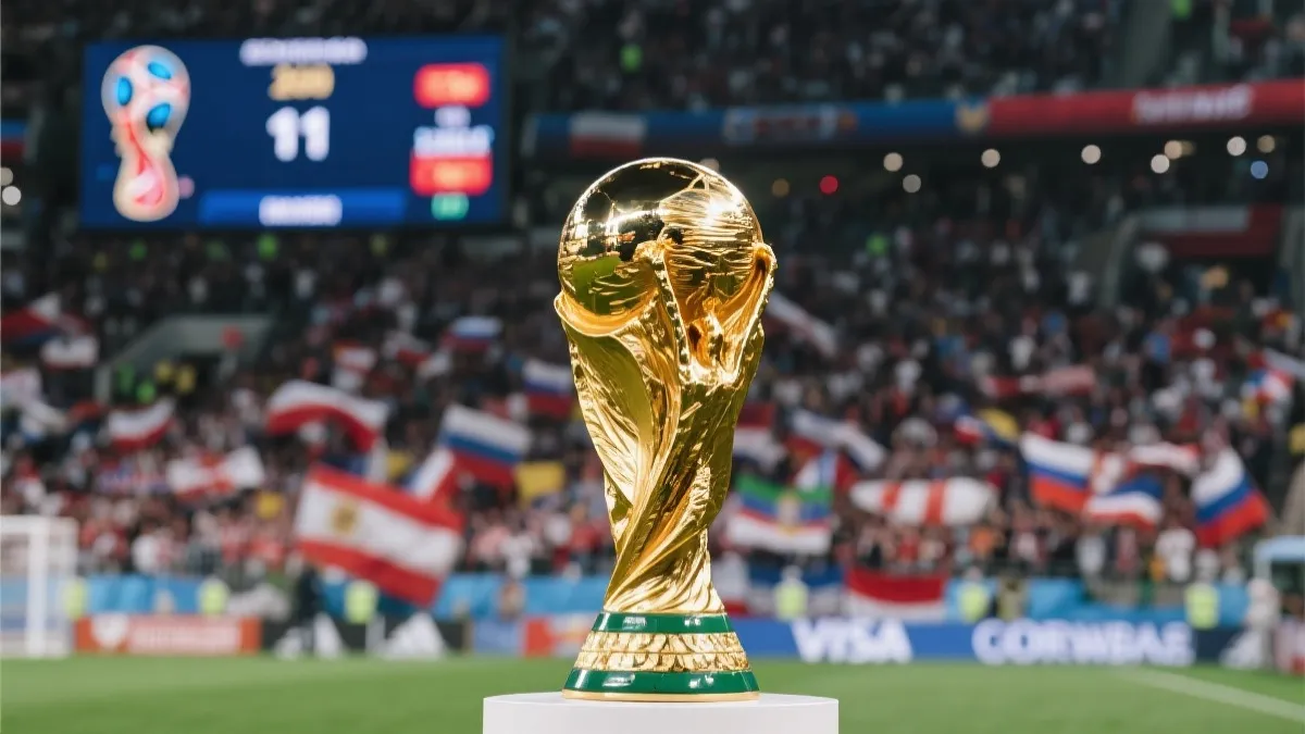 世界杯奖杯与记分牌的特写，背景是看台翻涌的人群与旗帜